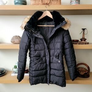 Zara puffer jacket black coat parka fur hood